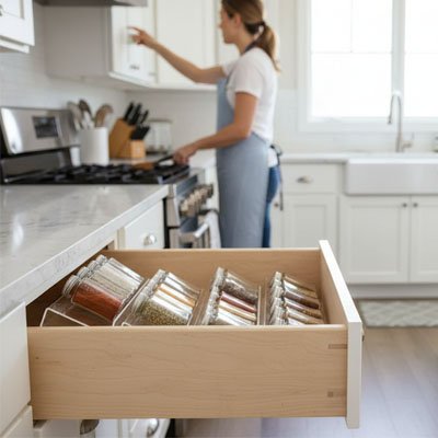 Rangement epices tiroirs accessible